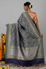 Navy Blue Pure katan Silk Banarasi Patola Handloom saree- Silk Mark Certified