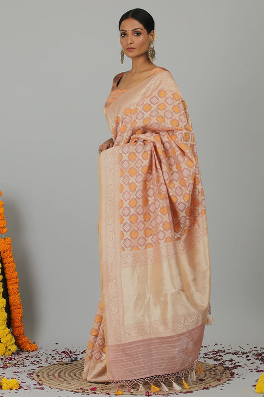 Powder Pink Kora Banarasi Handloom Saree- Silk Mark Certified