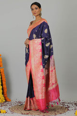 Blue Pink Pure Katan Silk Banarasi Kadiyal Saree- Silk Mark Certified