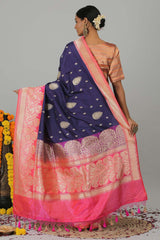 Blue Pink Pure Katan Silk Banarasi Kadiyal Saree- Silk Mark Certified