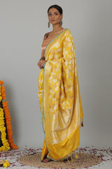 Yellow Pure Katan Silk Banarasi Handloom Saree- Silk Mark Certified