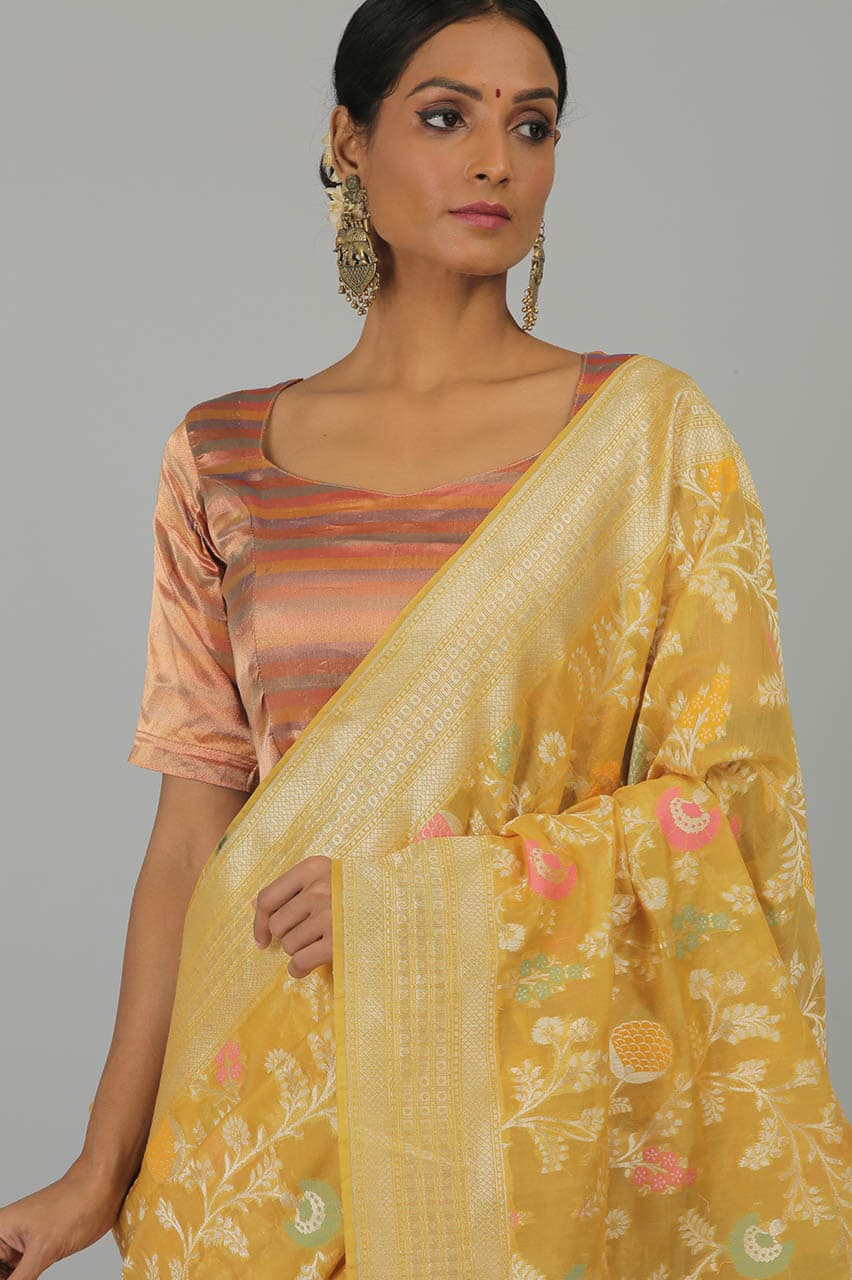 Soft Yellow Pure Kora Silk Banarasi Handloom Saree- Silk Mark Certified