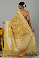 Soft Yellow Pure Kora Silk Banarasi Handloom Saree- Silk Mark Certified