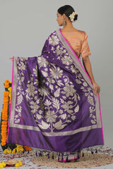 Purple Pure Katan Silk Banarasi Handloom Saree- Silk Mark Certified