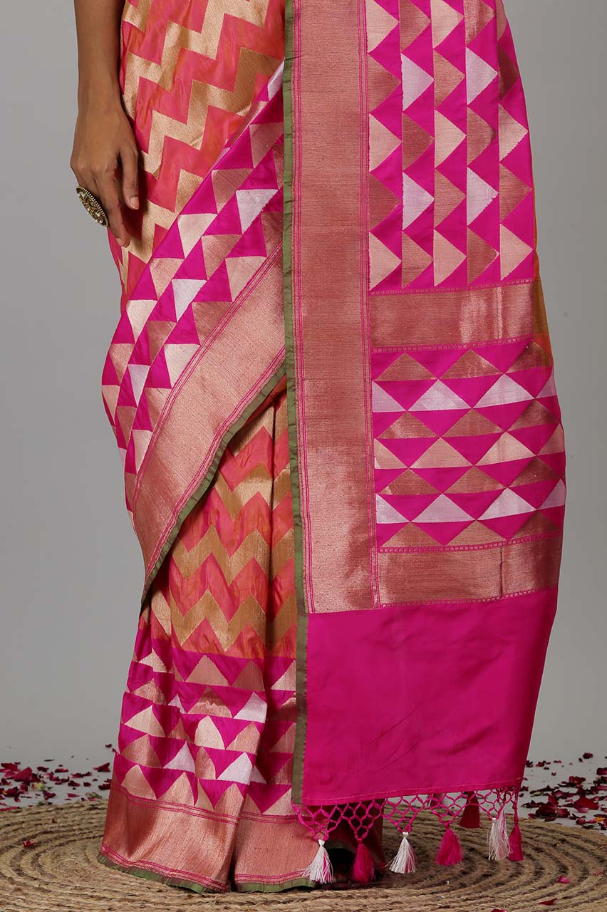 Shade Of Pink Peach Pure katan Silk Banarasi Handloom Saree- Silk Mark Certified