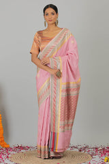 Powder Pink Pure Gajji Silk Banarasi Handloom Saree- Silk Mark Certified