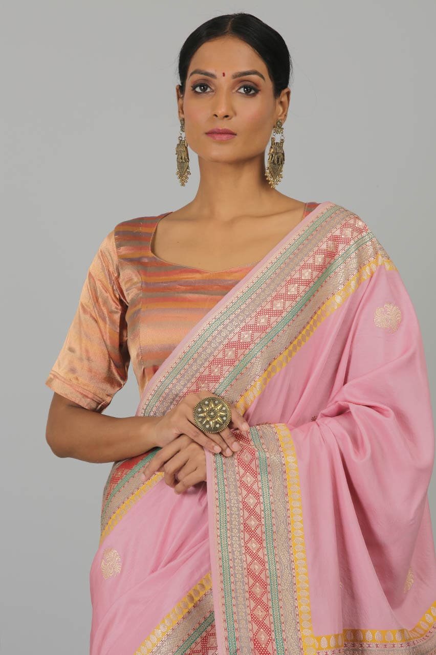 Powder Pink Pure Gajji Silk Banarasi Handloom Saree- Silk Mark Certified