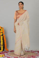 Off White Silk Cotton Banarasi handloom Saree- Silk Mark Certified