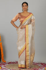 Off White Pure Kora Banarasi Handloom Saree- Silk Mark Certified