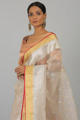 Off White Pure Kora Banarasi Handloom Saree- Silk Mark Certified