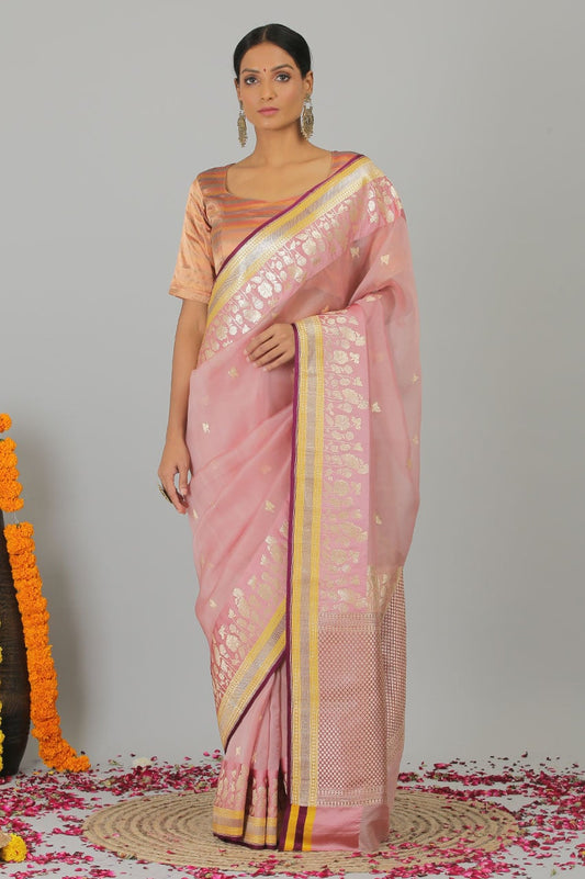 Powder Pink Pure Kora Silk Banarasi Handloom Saree- Silk Mark Certified