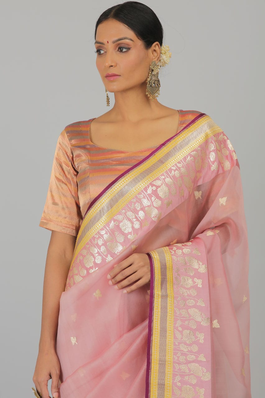Powder Pink Pure Kora Silk Banarasi Handloom Saree- Silk Mark Certified