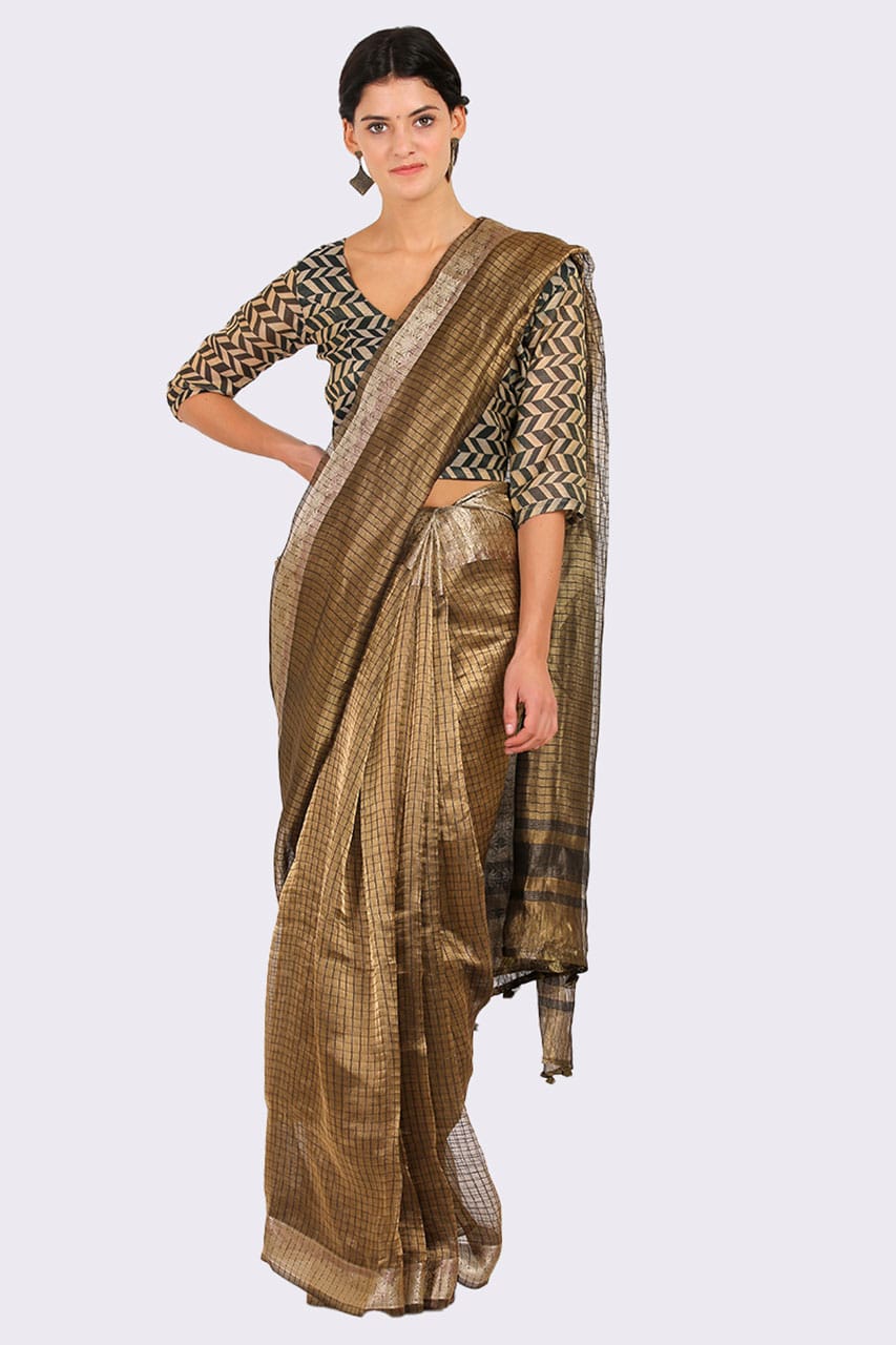 Golden Black Tissue Silk Saree - Silk Mark Certified